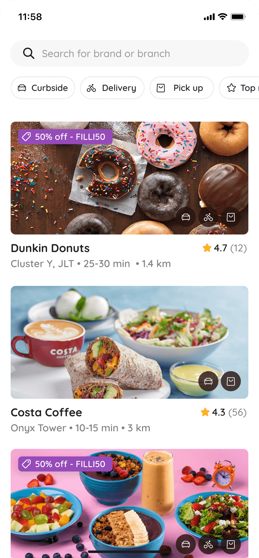 The COFE App brand discovery screen, listing nearby cafés with ratings, distance and fulfilment options