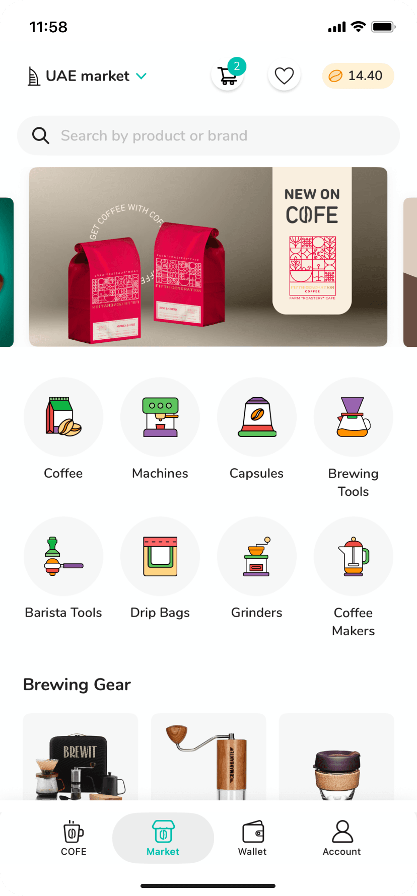 The COFE Market screen, showing product categories for beans, machines, capsules and brewing tools