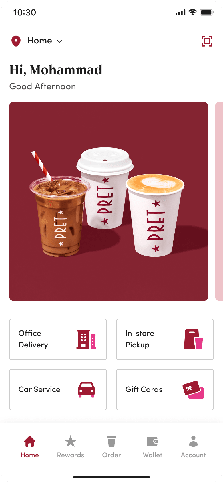 A Pret branded commerce home experience