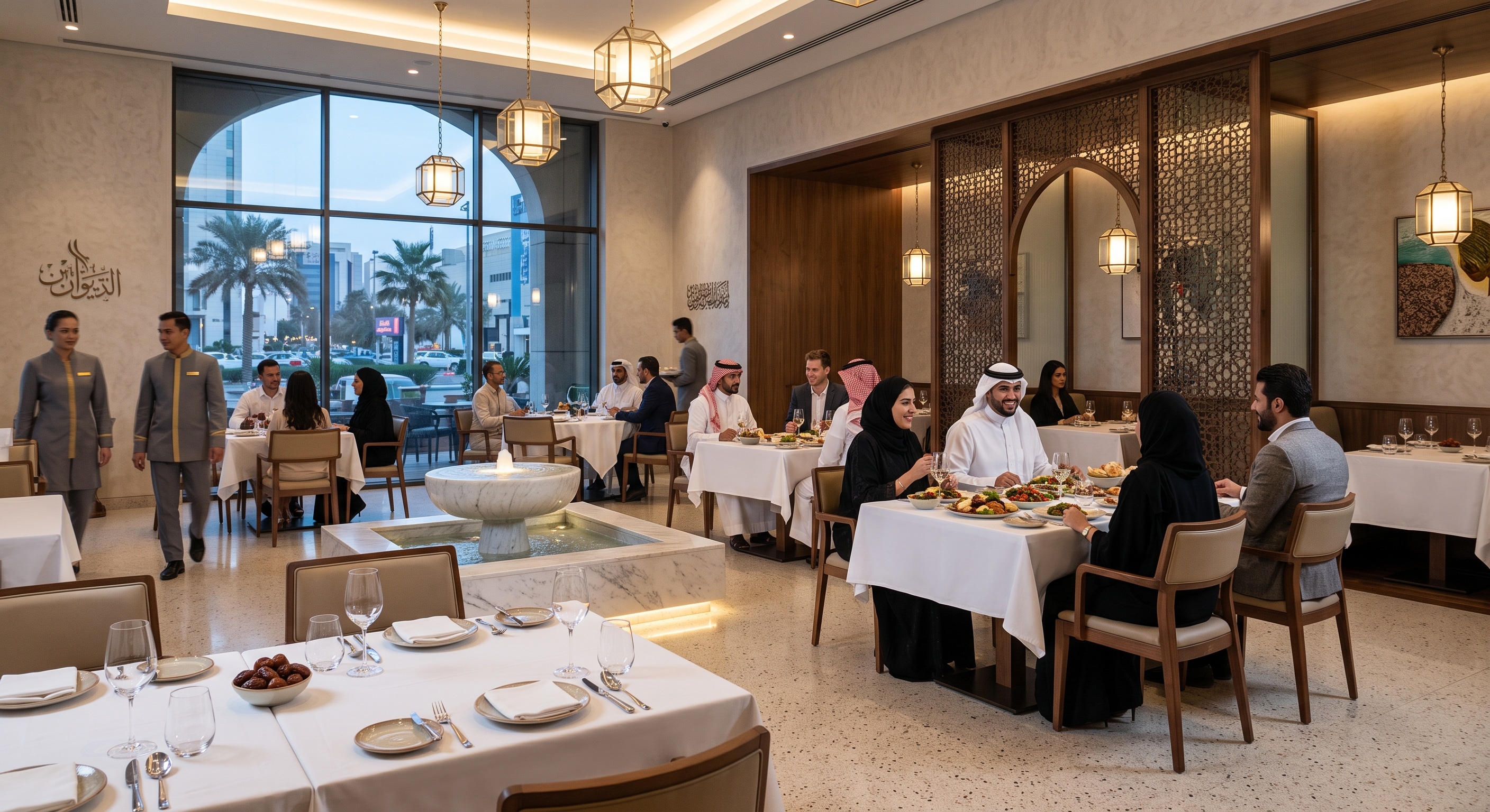 A busy Gulf restaurant dining room at service
