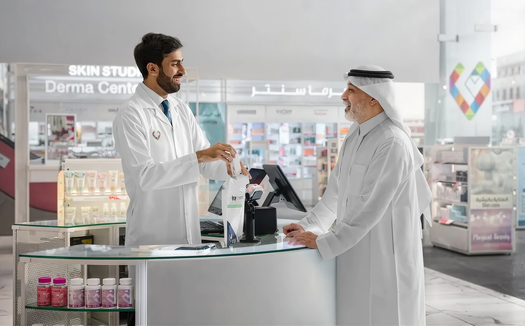 A pharmacist serving a customer at the counter, with the dispensary and skincare aisles behind