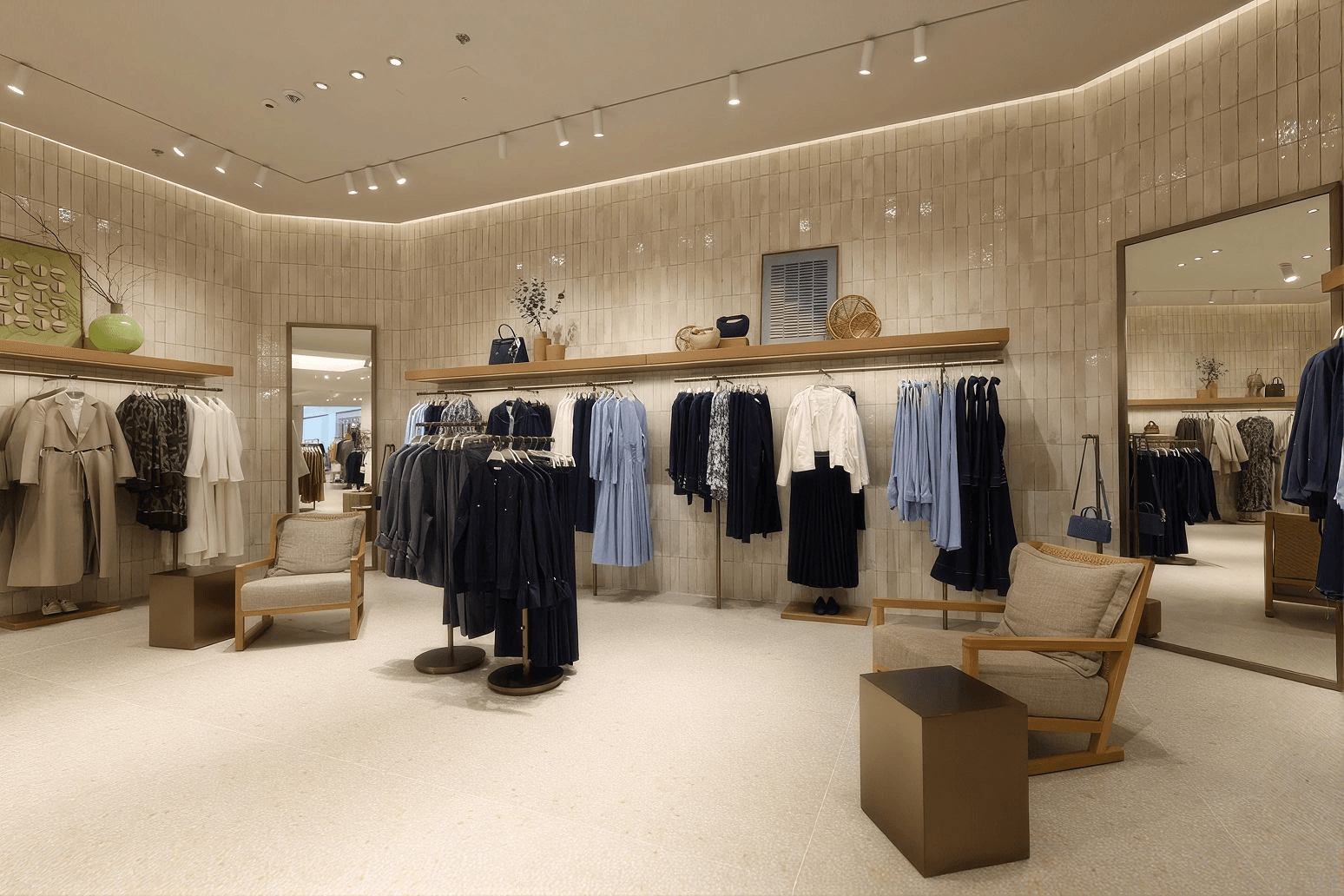 A fashion retail floor — rails of clothing, accessories on open shelving, and seating in the middle