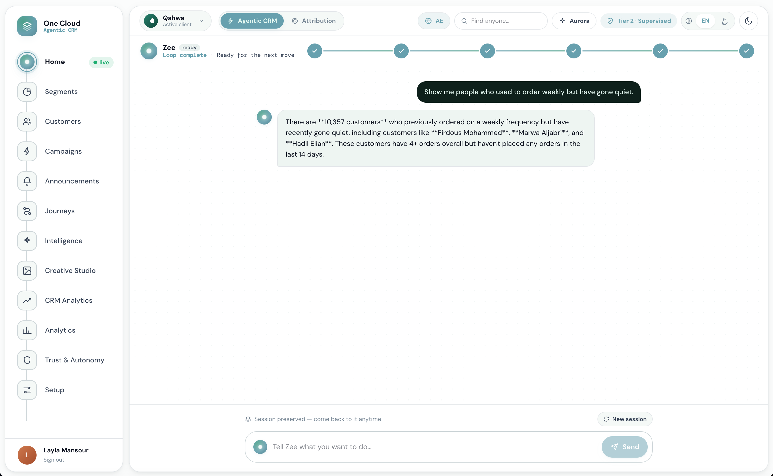 The agentic CRM home: Zee's conversation panel answering a question about customers who used to order weekly and have gone quiet, with the segments, campaigns, journeys, intelligence and trust navigation down the left